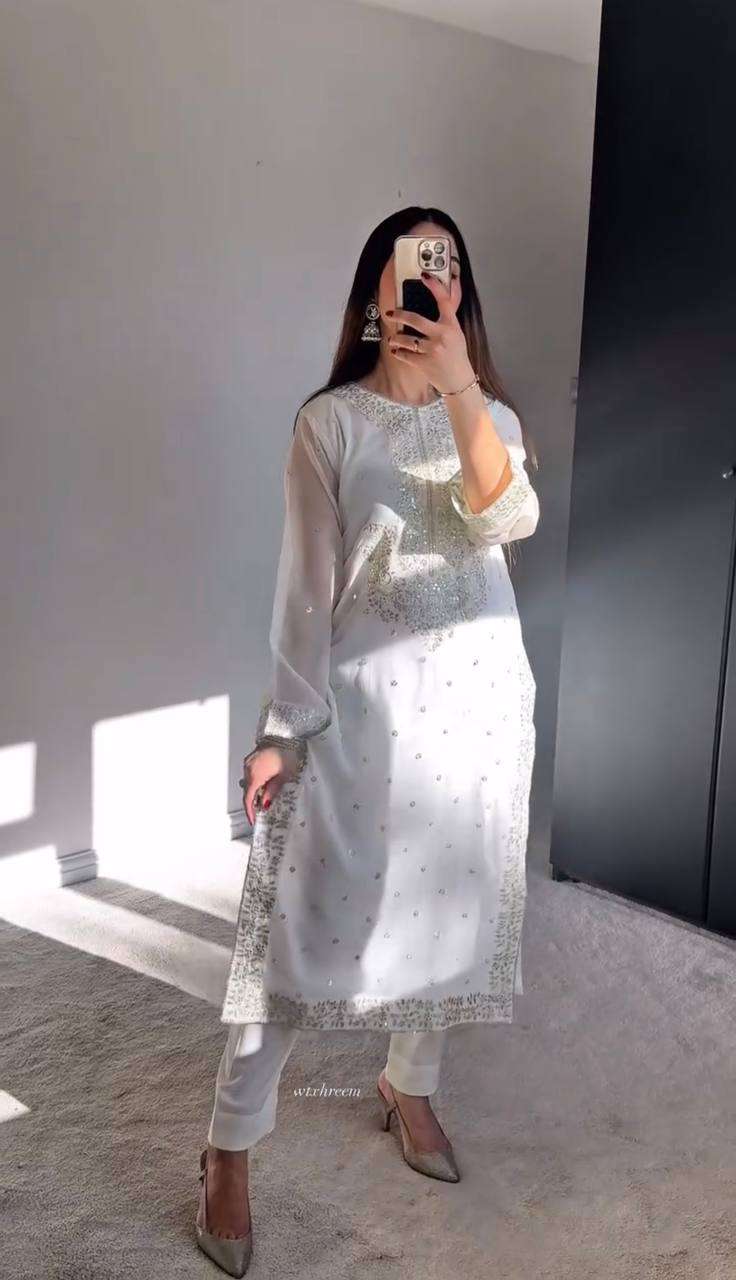 Women's Georgette Embroidery Sequence Work with Rivet Moti Work Straight Kurti With Pant and Dupatta Set - Image 3