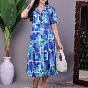 Women's Blue Abstract Print Cotton Shirt Dress