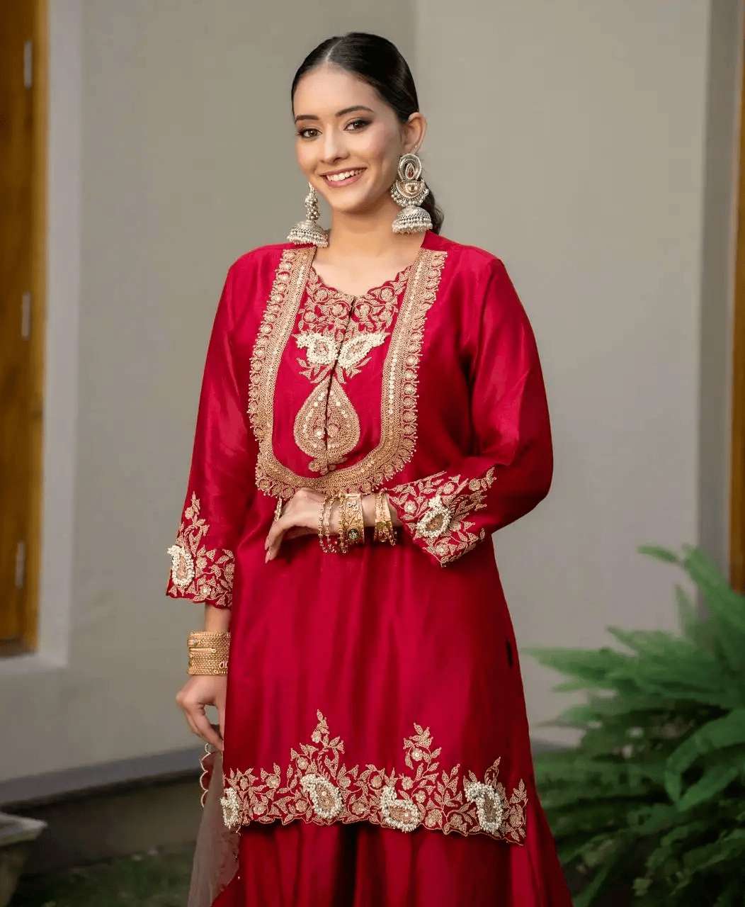 Women's Chinon Silk Sequence Embroidery Work Straight Kurti With Sharara Suit and Dupatta Set - Image 2